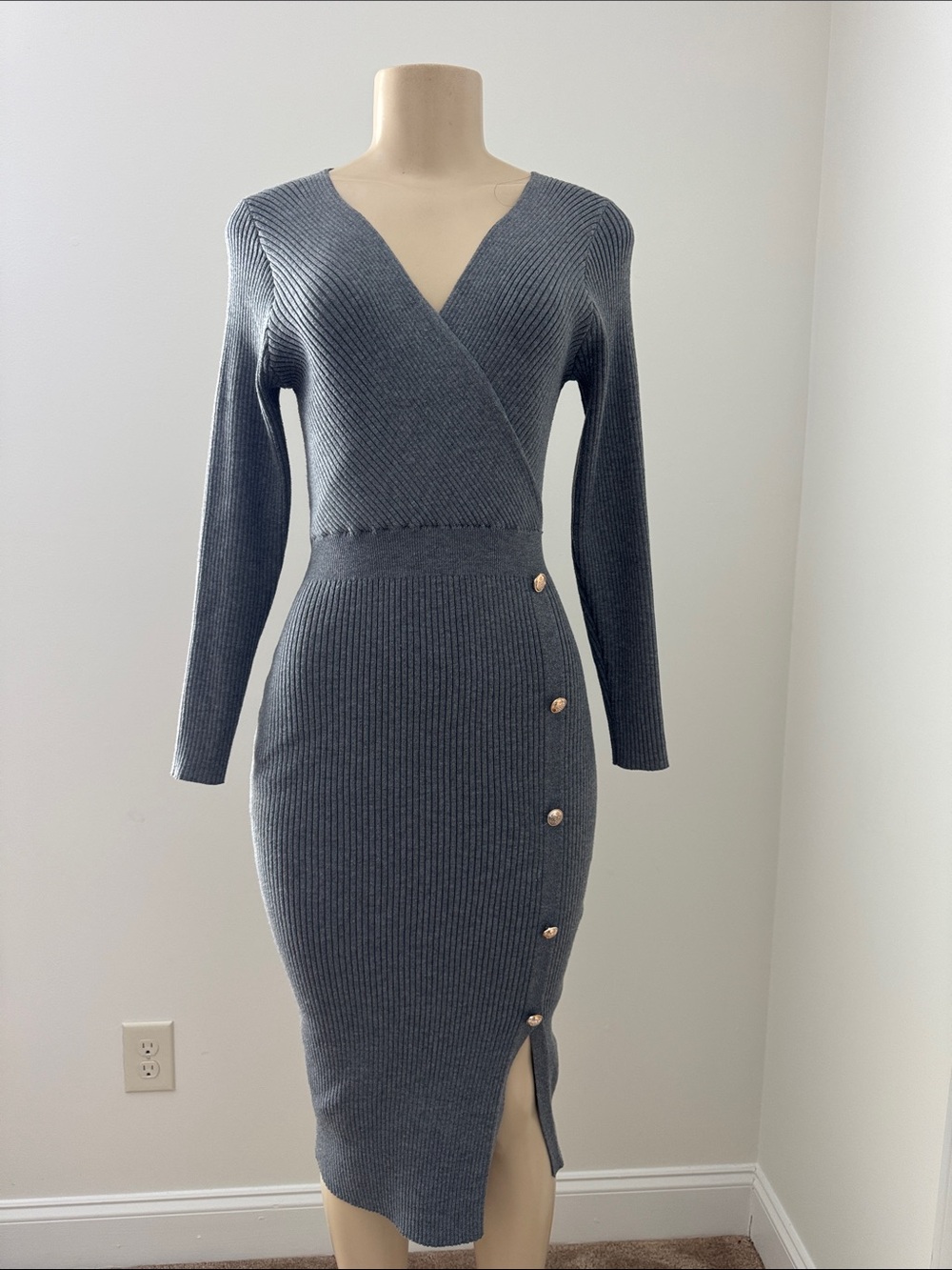 SHEIN | Women's Slate Gray Ribbed Knit Wrap Midi Dress